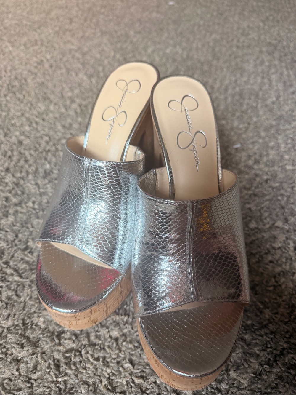 Jessica Simpson Metallic Silver Cork Platform Wedge Mules new never worn